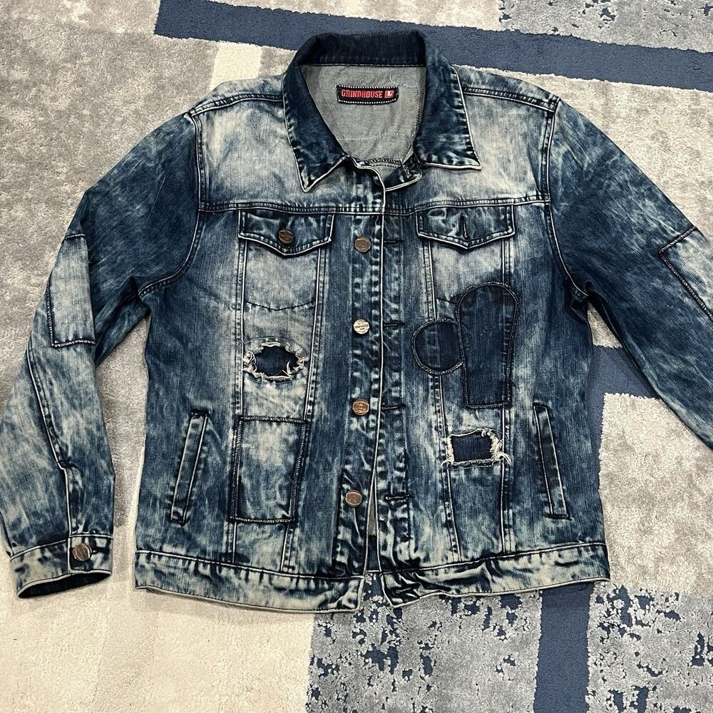Grindhouse Denim Jacket Mens L Distressed Graffiti Paint Splatter Skull Street